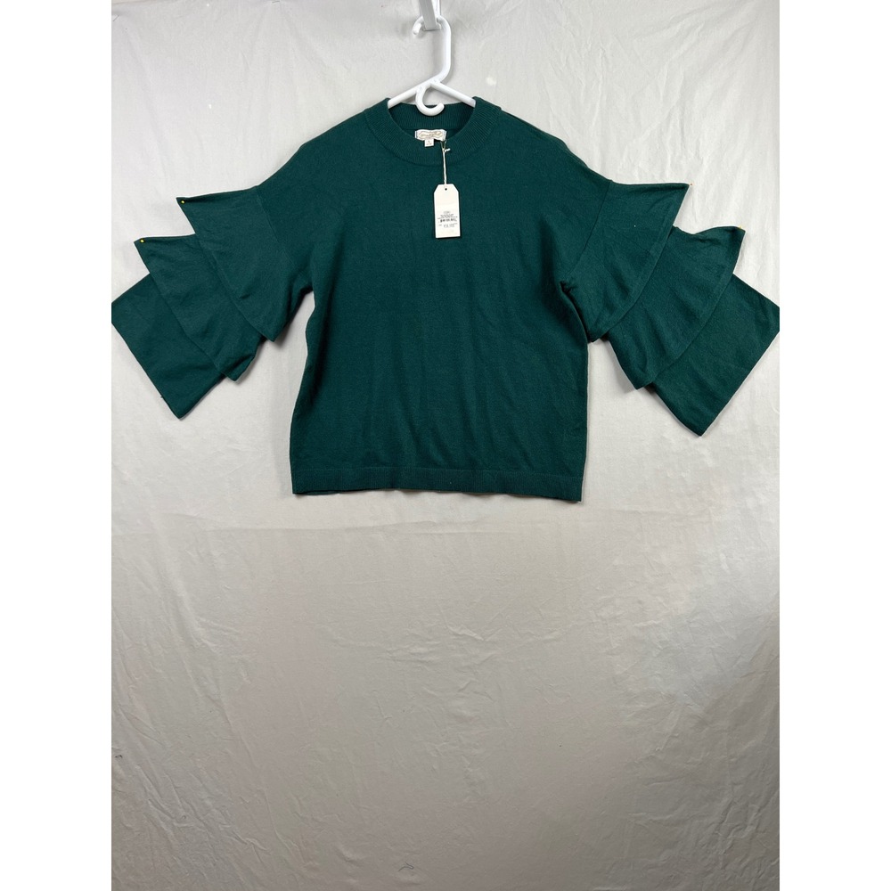 Mud Pie Dawson Ruffle Sweater Womens S Peacock Green Tiered Sleeve Pullover NEW